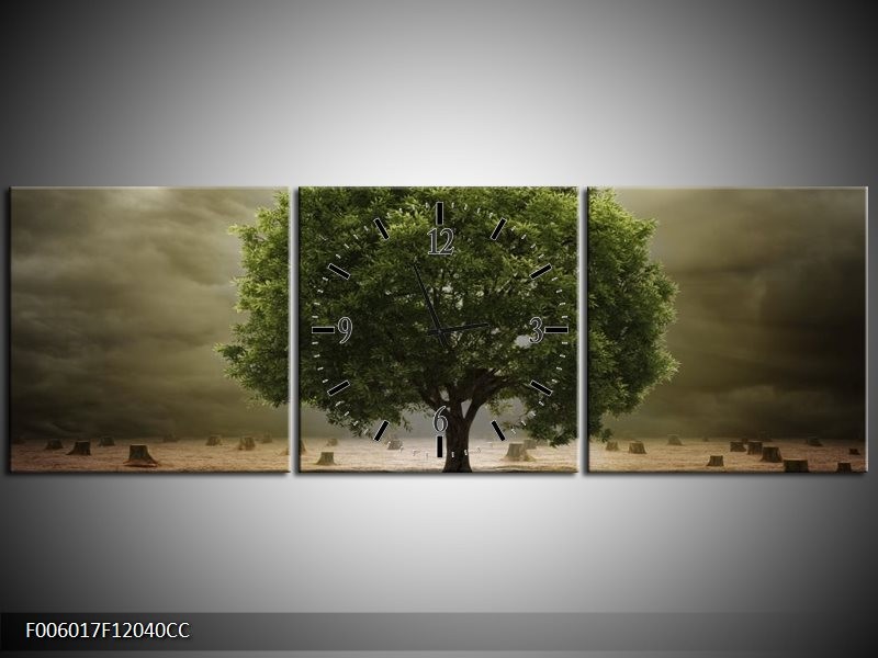 Klok schilderij Boom | Groen, Grijs, Bruin | 120x40cm 3Luik