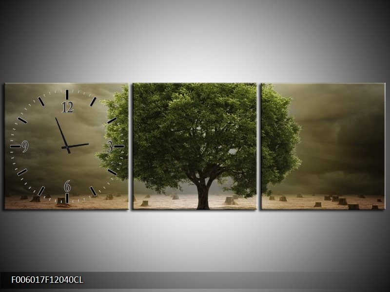 Klok schilderij Boom | Groen, Grijs, Bruin | 120x40cm 3Luik