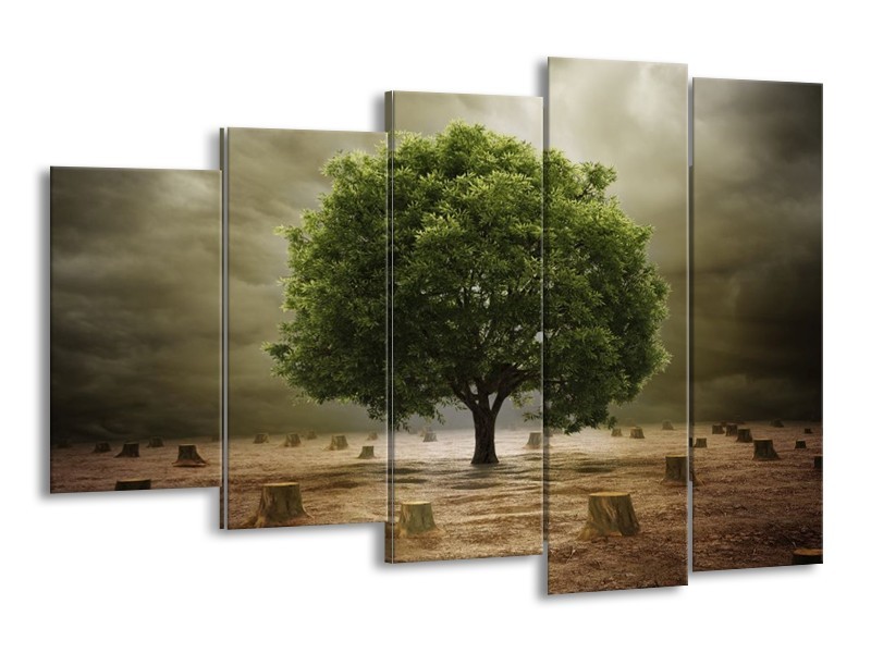 Canvas schilderij Boom | Groen, Grijs, Bruin | 150x100cm 5Luik