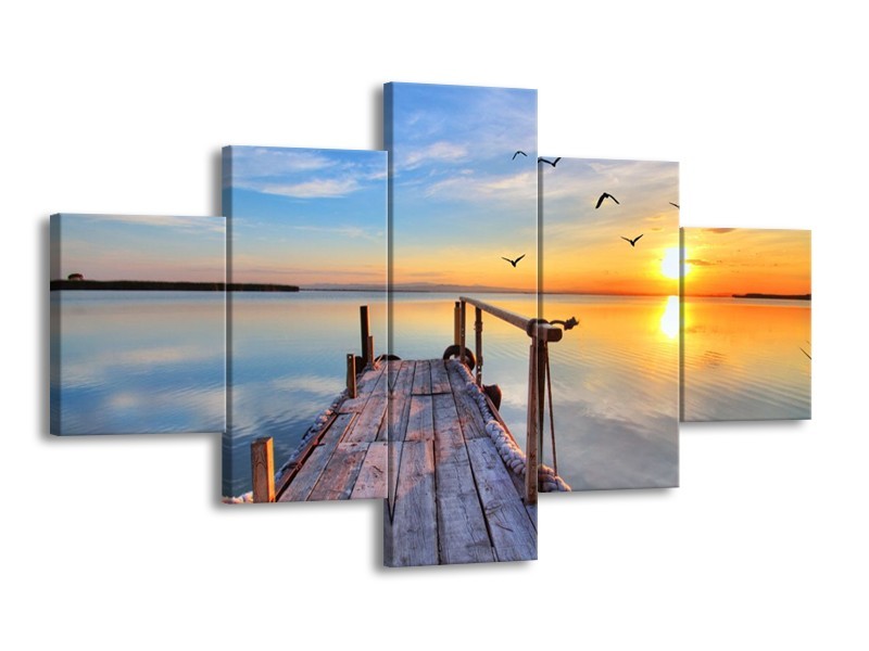 Canvas schilderij Zonsondergang | Geel, Blauw, Grijs | 125x70cm 5Luik