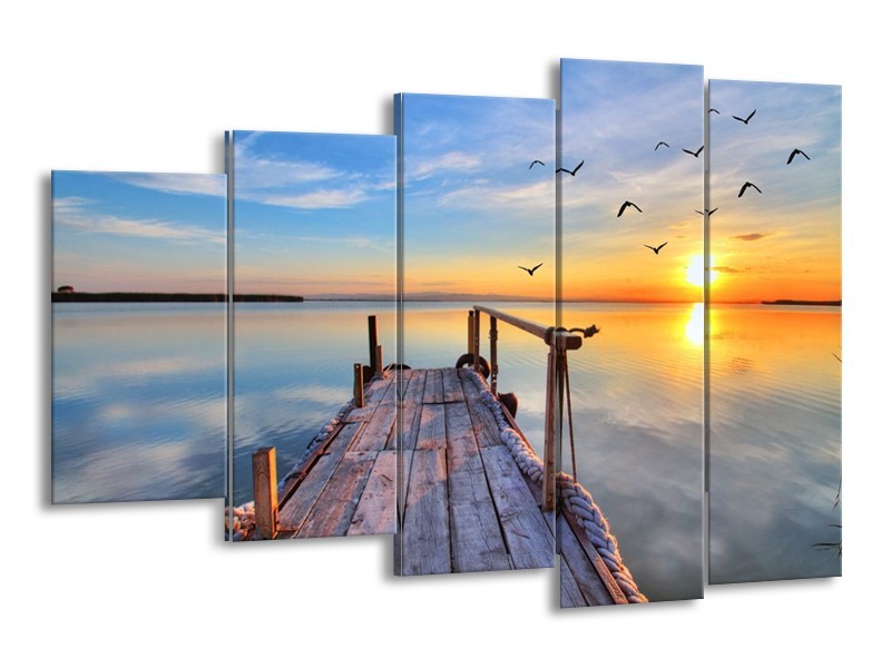 Canvas schilderij Zonsondergang | Geel, Blauw, Grijs | 150x100cm 5Luik