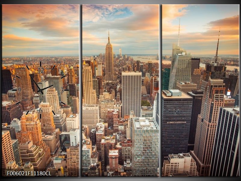 Klok schilderij Wolkenkrabber | Bruin, Grijs | 111x80cm 3Luik