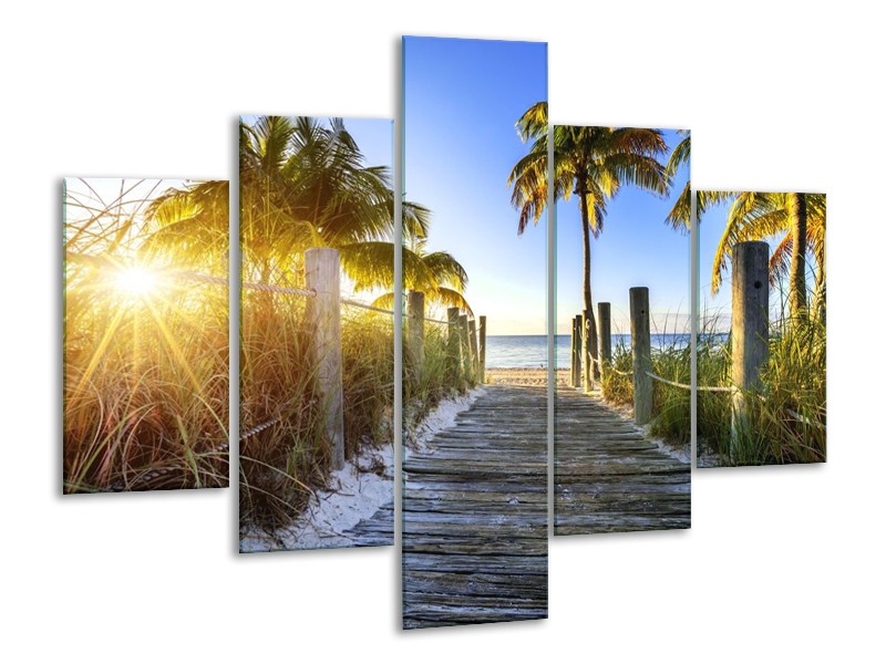 Canvas schilderij Zonsondergang | Blauw, Geel, Groen | 100x70cm 5Luik