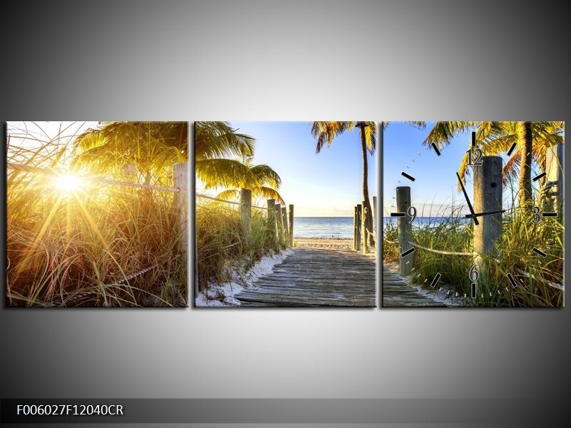 Klok schilderij Zonsondergang | Blauw, Geel, Groen | 120x40cm 3Luik