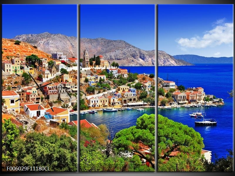 Klok schilderij Uitzicht | Blauw, Oranje | 111x80cm 3Luik