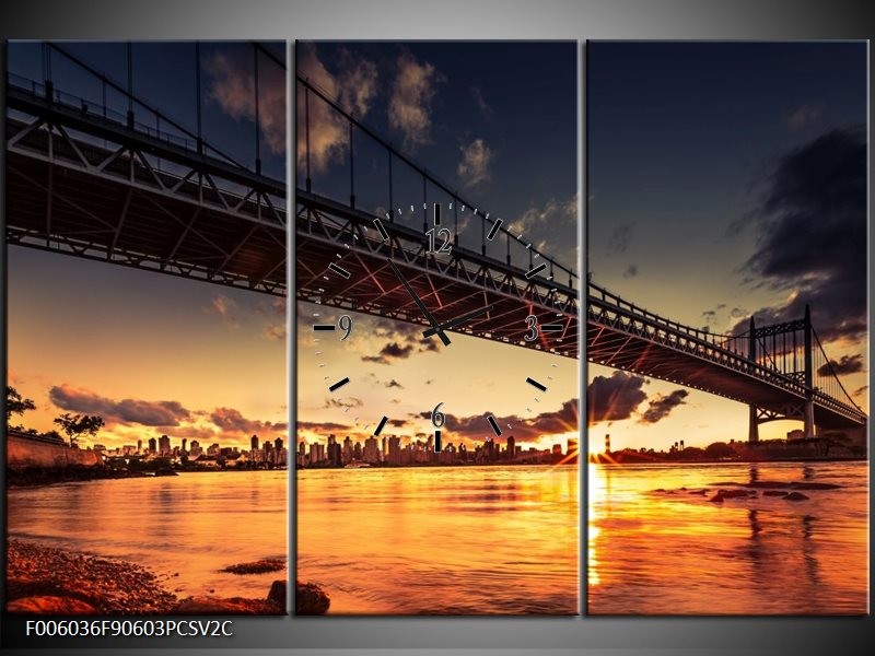 Klok schilderij Brug | Oranje, Bruin, Geel | 90x60cm 3Luik
