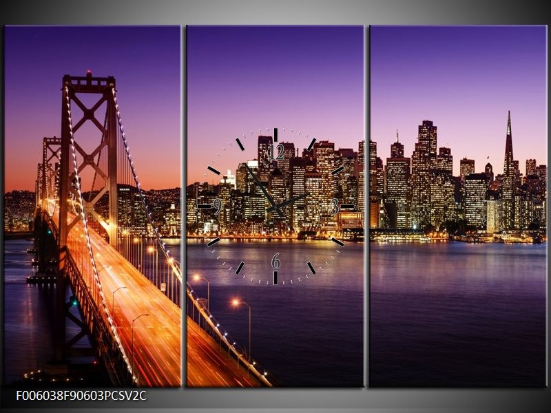 Klok schilderij Brug | Oranje, Paars | 90x60cm 3Luik