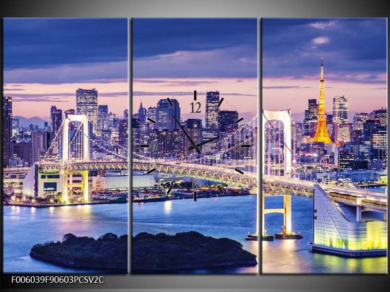 Klok schilderij Brug | Blauw, Grijs | 90x60cm 3Luik