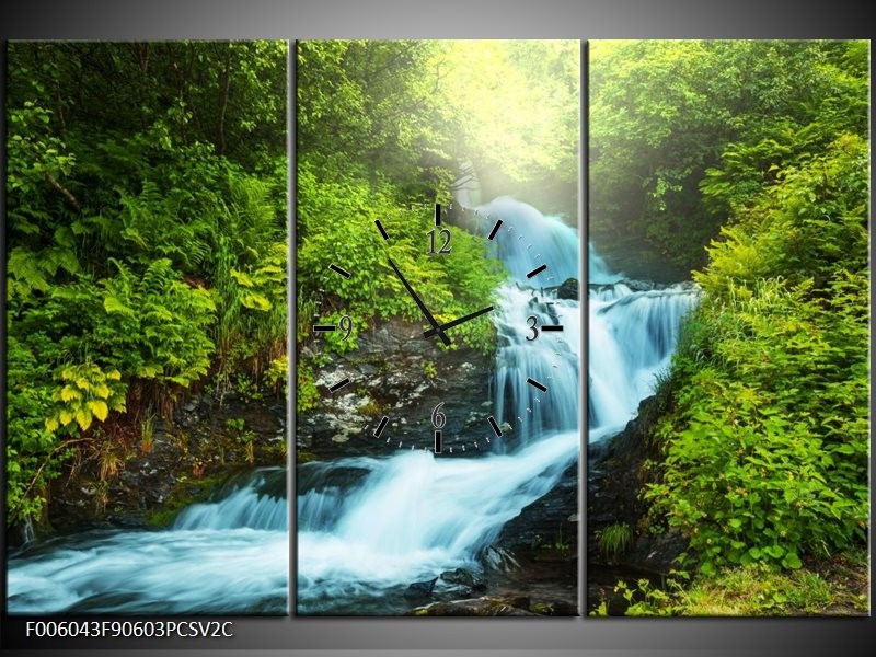 Klok schilderij Waterval | Groen, Grijs | 90x60cm 3Luik
