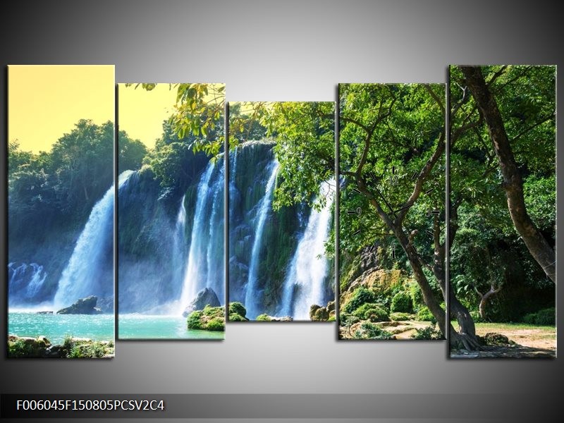 Klok schilderij Waterval | Groen, Blauw, Grijs | 150x80cm 5Luik