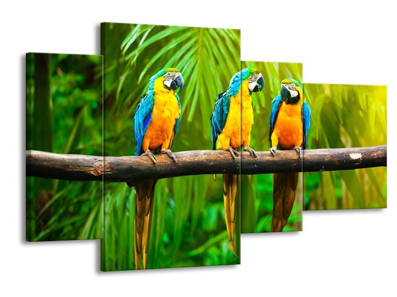 Canvas schilderij Vogels | Groen, Oranje, Blauw | 120x75cm 4Luik