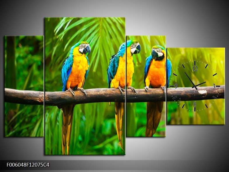 Klok schilderij Vogels | Groen, Oranje, Blauw | 120x75cm 4Luik