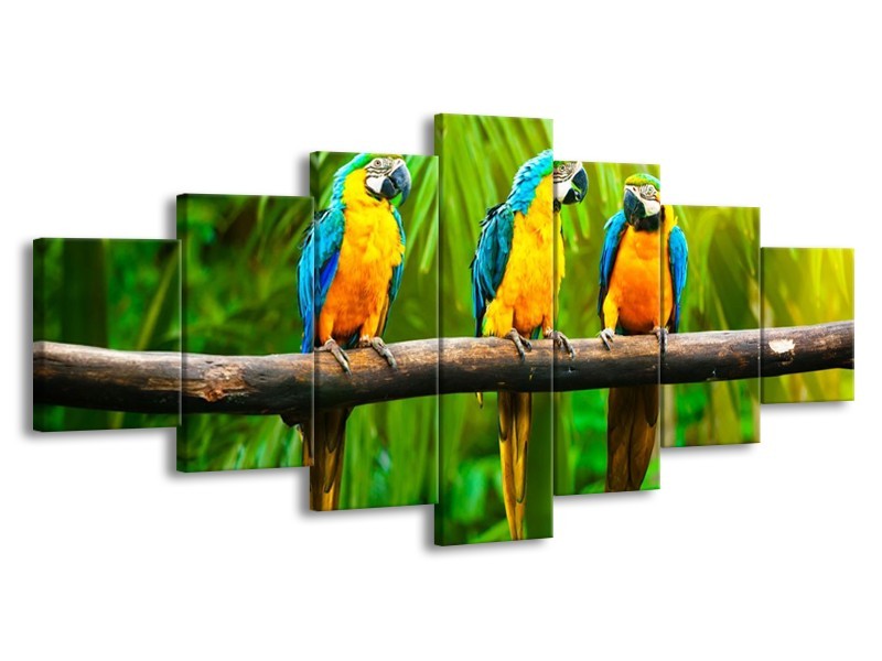 Canvas schilderij Vogels | Groen, Oranje, Blauw | 210x100cm 7Luik