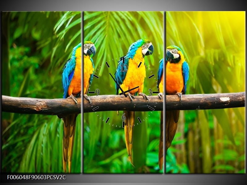 Klok schilderij Vogels | Groen, Oranje, Blauw | 90x60cm 3Luik