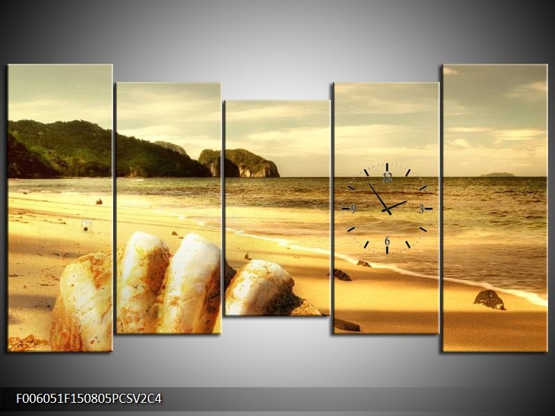 Klok schilderij Zee | Goud, Geel | 150x80cm 5Luik