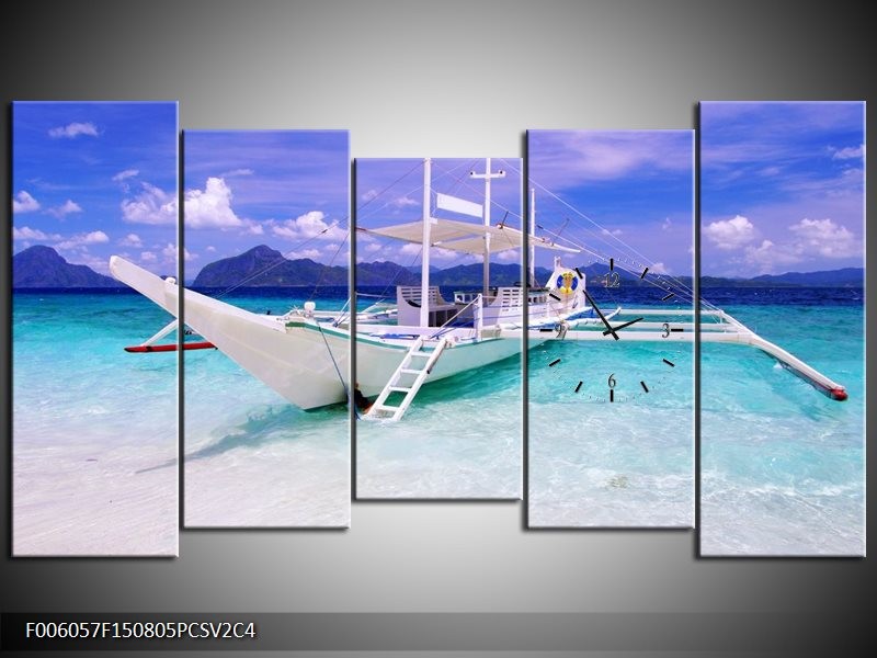 Klok schilderij Boot | Blauw, Groen | 150x80cm 5Luik