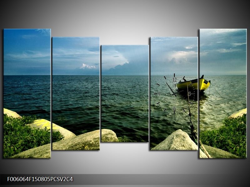 Klok schilderij Zee | Grijs, Groen | 150x80cm 5Luik