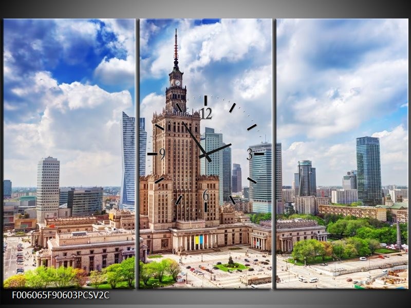 Klok schilderij Gebouw | Grijs, Blauw, Groen | 90x60cm 3Luik