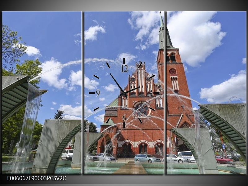 Klok schilderij Kerk | Blauw, Grijs, Bruin | 90x60cm 3Luik