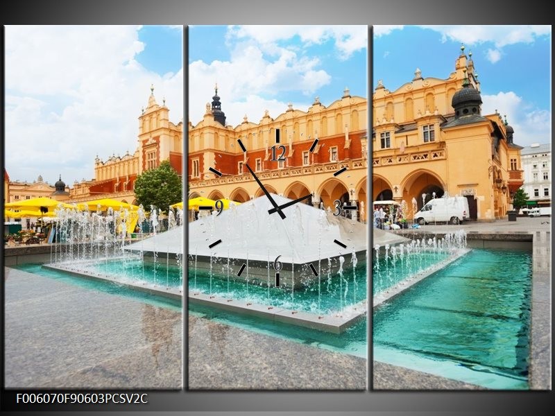 Klok schilderij Fontein | Blauw, Bruin, Groen | 90x60cm 3Luik