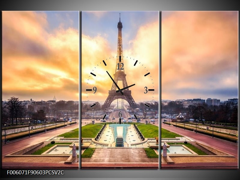 Klok schilderij Eiffeltoren | Grijs, Bruin, Groen | 90x60cm 3Luik