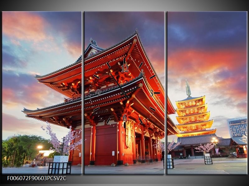 Klok schilderij China | Rood, Grijs, Oranje | 90x60cm 3Luik