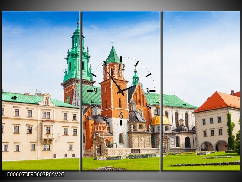 Klok schilderij Gebouw | Groen, Bruin, Crème | 90x60cm 3Luik