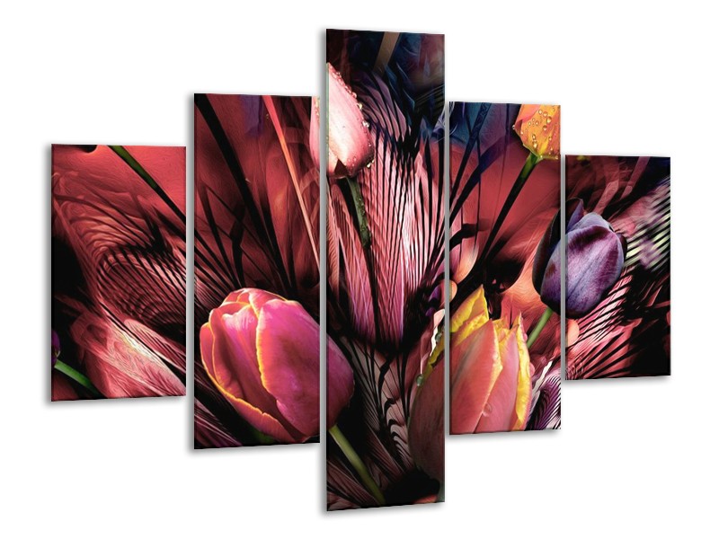 Canvas schilderij Tulpen | Roze, Paars | 100x70cm 5Luik
