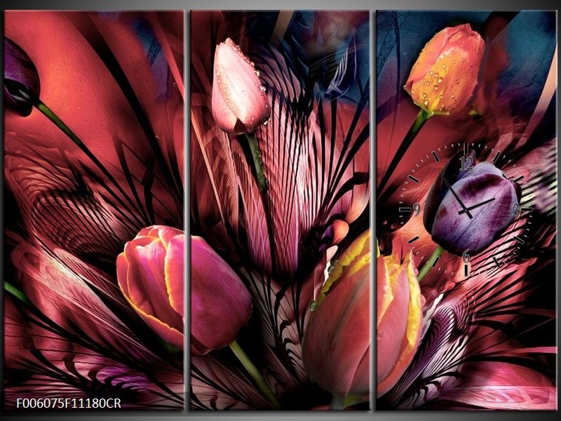 Klok schilderij Tulpen | Roze, Paars | 111x80cm 3Luik