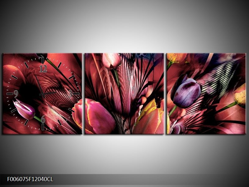 Klok schilderij Tulpen | Roze, Paars | 120x40cm 3Luik