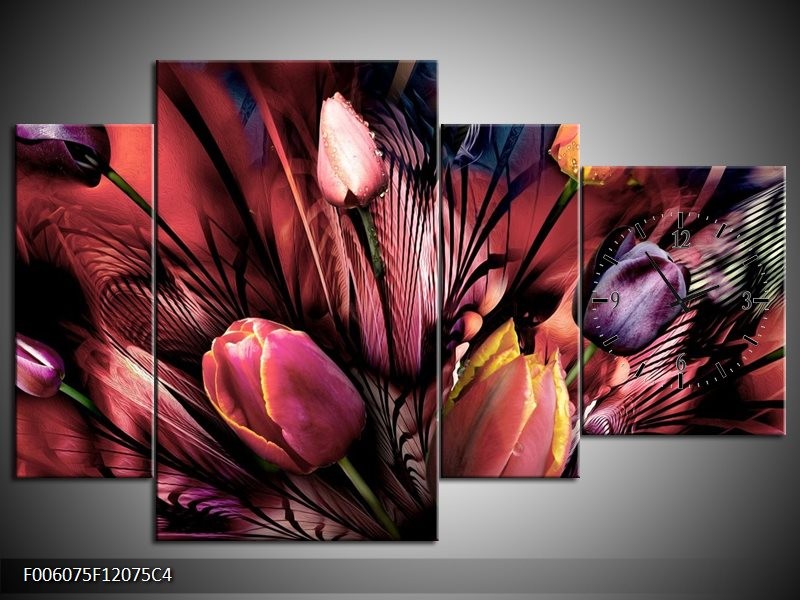 Klok schilderij Tulpen | Roze, Paars | 120x75cm 4Luik