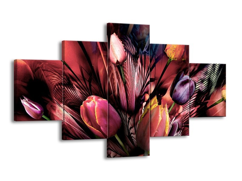 Canvas schilderij Tulpen | Roze, Paars | 125x70cm 5Luik