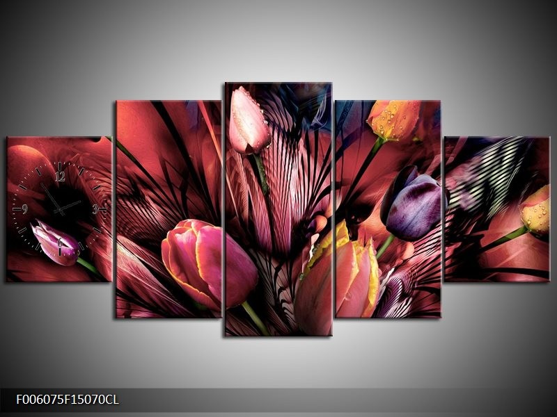 Klok schilderij Tulpen | Roze, Paars | 150x70cm 5Luik