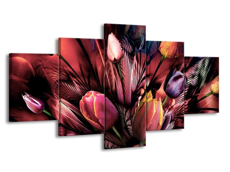 Canvas schilderij Tulpen | Roze, Paars | 150x80cm 5Luik
