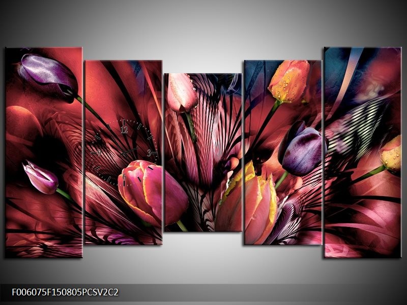 Klok schilderij Tulpen | Roze, Paars | 150x80cm 5Luik