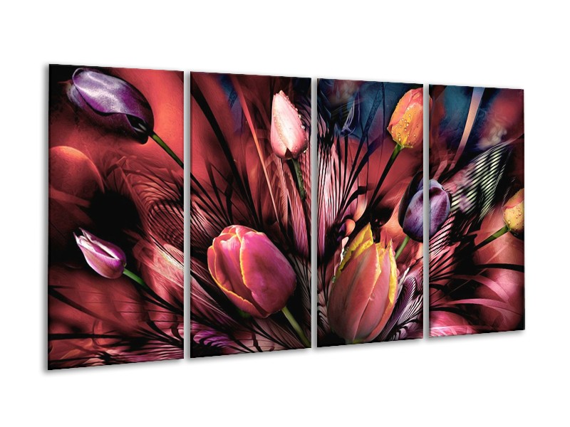 Canvas schilderij Tulpen | Roze, Paars | 160x80cm 4Luik