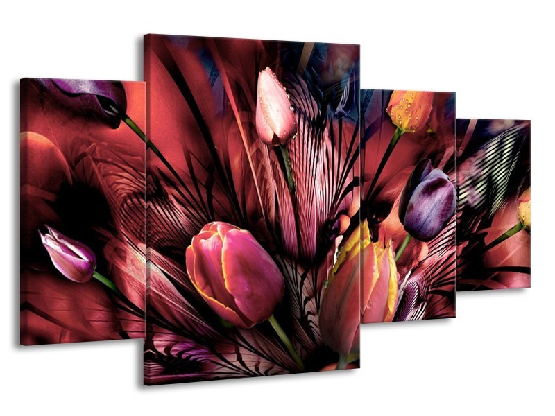 Canvas schilderij Tulpen | Roze, Paars | 160x90cm 4Luik