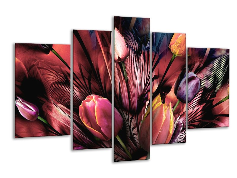 Canvas schilderij Tulpen | Roze, Paars | 170x100cm 5Luik