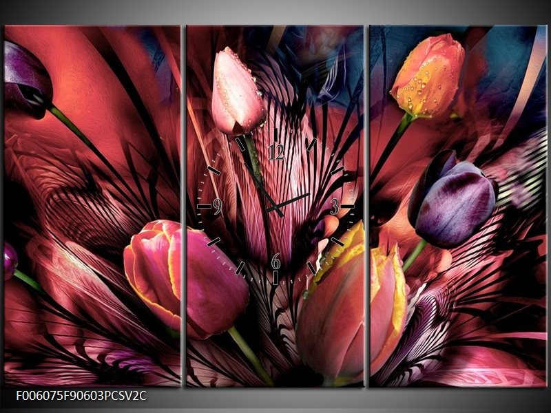 Klok schilderij Tulpen | Roze, Paars | 90x60cm 3Luik
