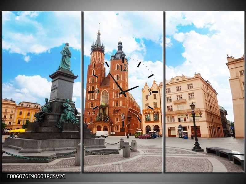 Klok schilderij Kerk | Blauw, Bruin, Crème | 90x60cm 3Luik