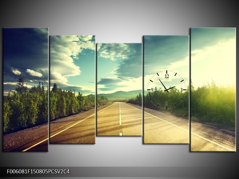 Klok schilderij Weg | Grijs, Groen | 150x80cm 5Luik