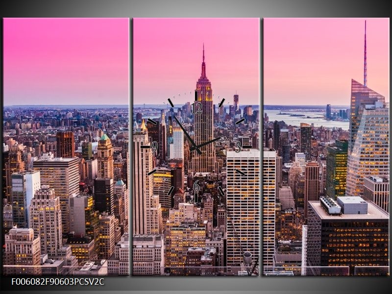 Klok schilderij Wolkenkrabber | Paars, Roze | 90x60cm 3Luik