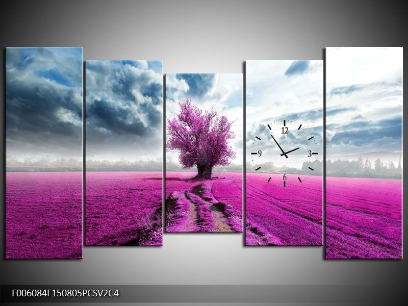 Klok schilderij Boom | Paars, Roze, Grijs | 150x80cm 5Luik