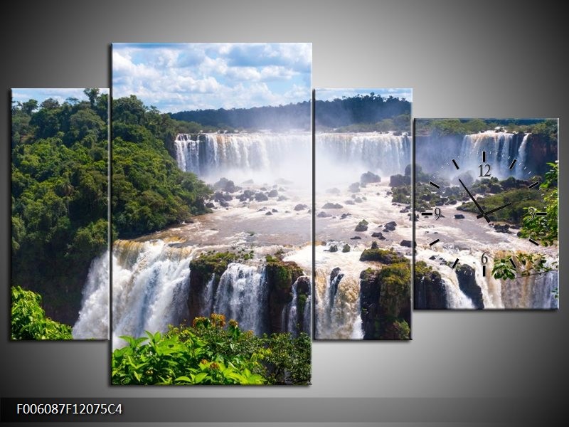 Klok schilderij Waterval | Grijs, Groen | 120x75cm 4Luik