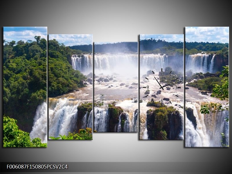 Klok schilderij Waterval | Grijs, Groen | 150x80cm 5Luik