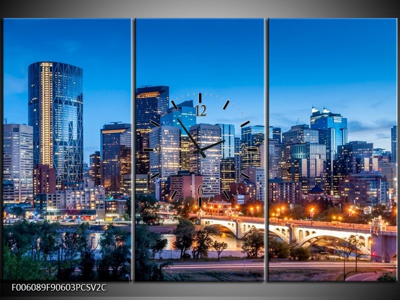 Klok schilderij Wolkenkrabber | Blauw | 90x60cm 3Luik