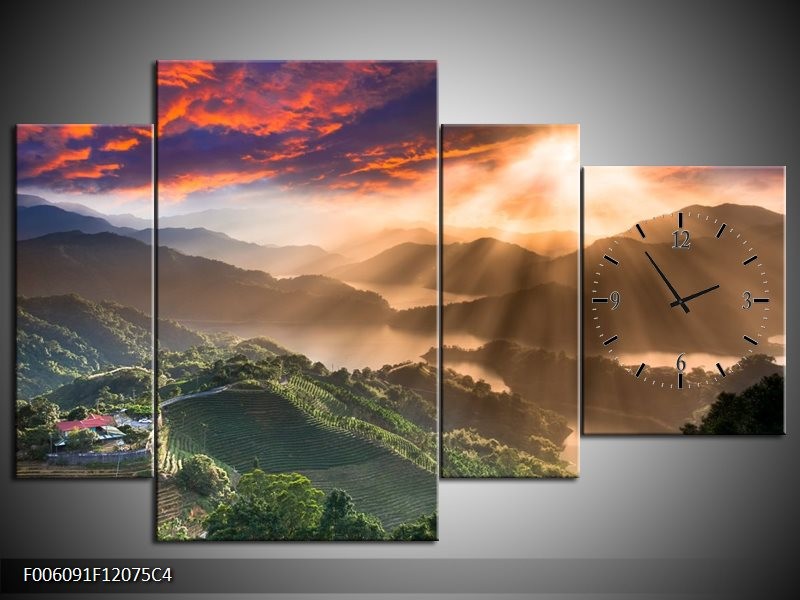 Klok schilderij Bergen | Oranje, Groen | 120x75cm 4Luik