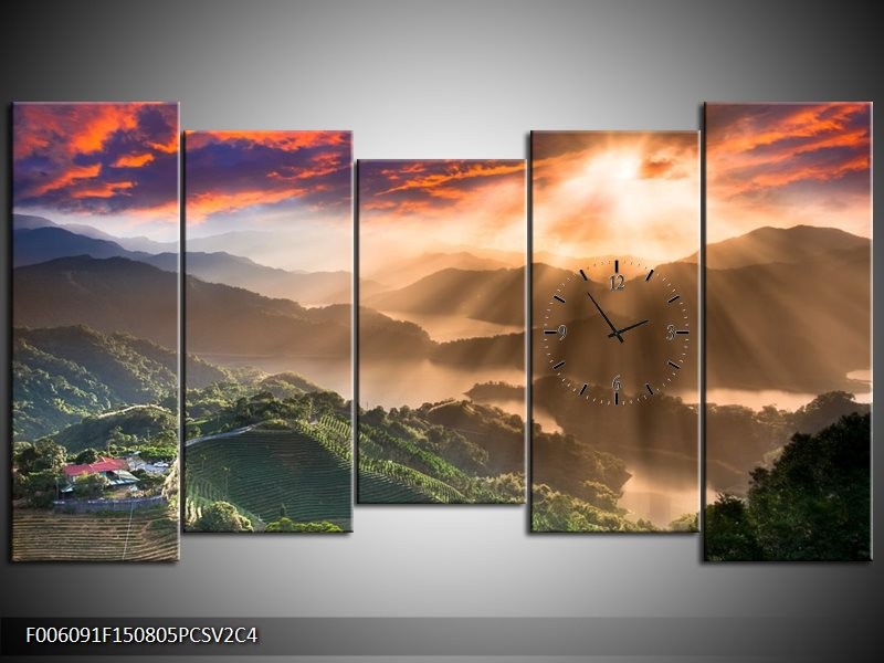 Klok schilderij Bergen | Oranje, Groen | 150x80cm 5Luik
