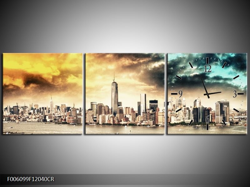 Klok schilderij Wolkenkrabber | Geel, Groen, Grijs | 120x40cm 3Luik