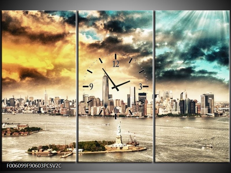 Klok schilderij Wolkenkrabber | Geel, Groen, Grijs | 90x60cm 3Luik